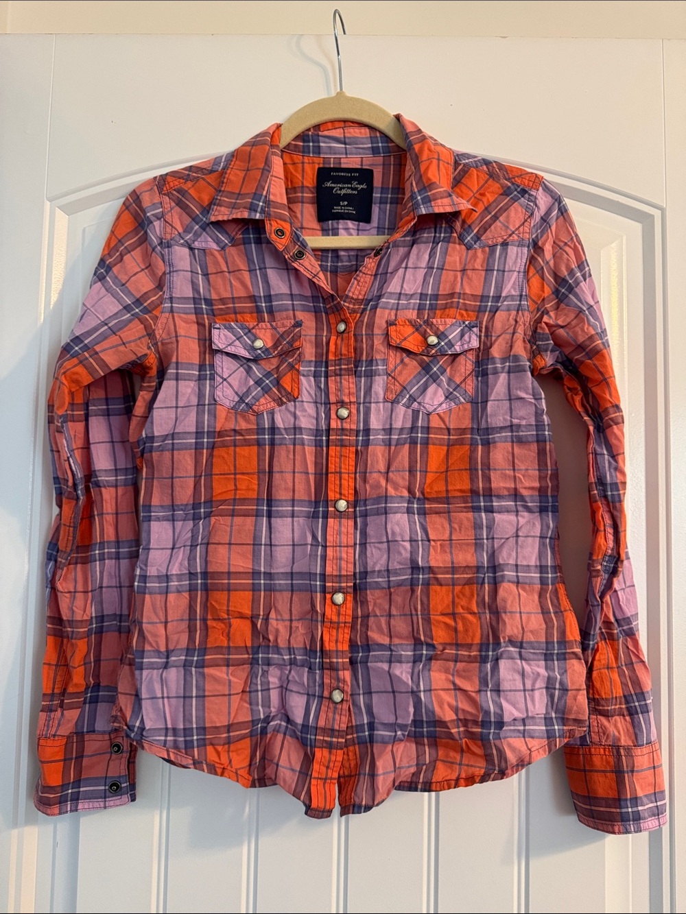 Orange & Lavender Plaid Pearl Snap Long Sleeve